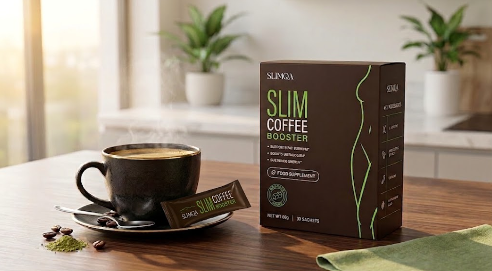 Slimqa Slim Coffee Booster mit einer Tasse Kaffee