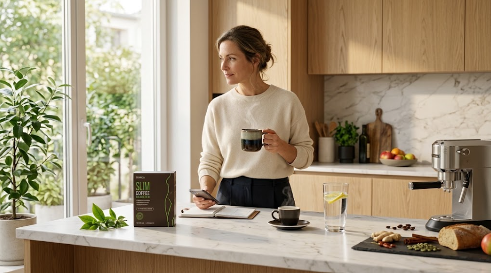 Slimqa und Kaffee in einer natürlichen morgendlichen Alltagssituation