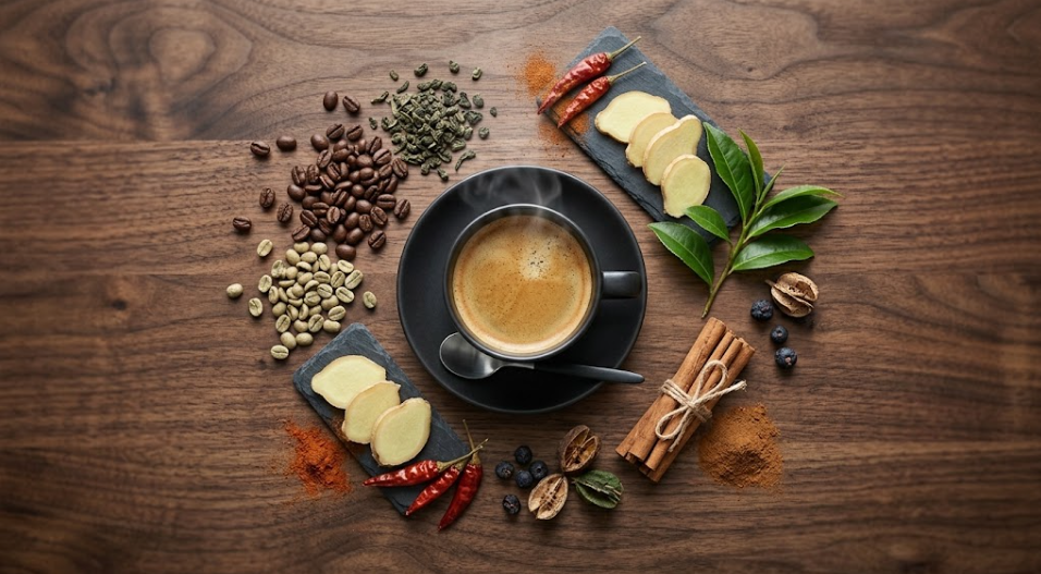 Kaffee zum Abnehmen mit grünen Kaffeebohnen, Grüntee, Ingwer, Zimt und weiteren natürlichen Zutaten